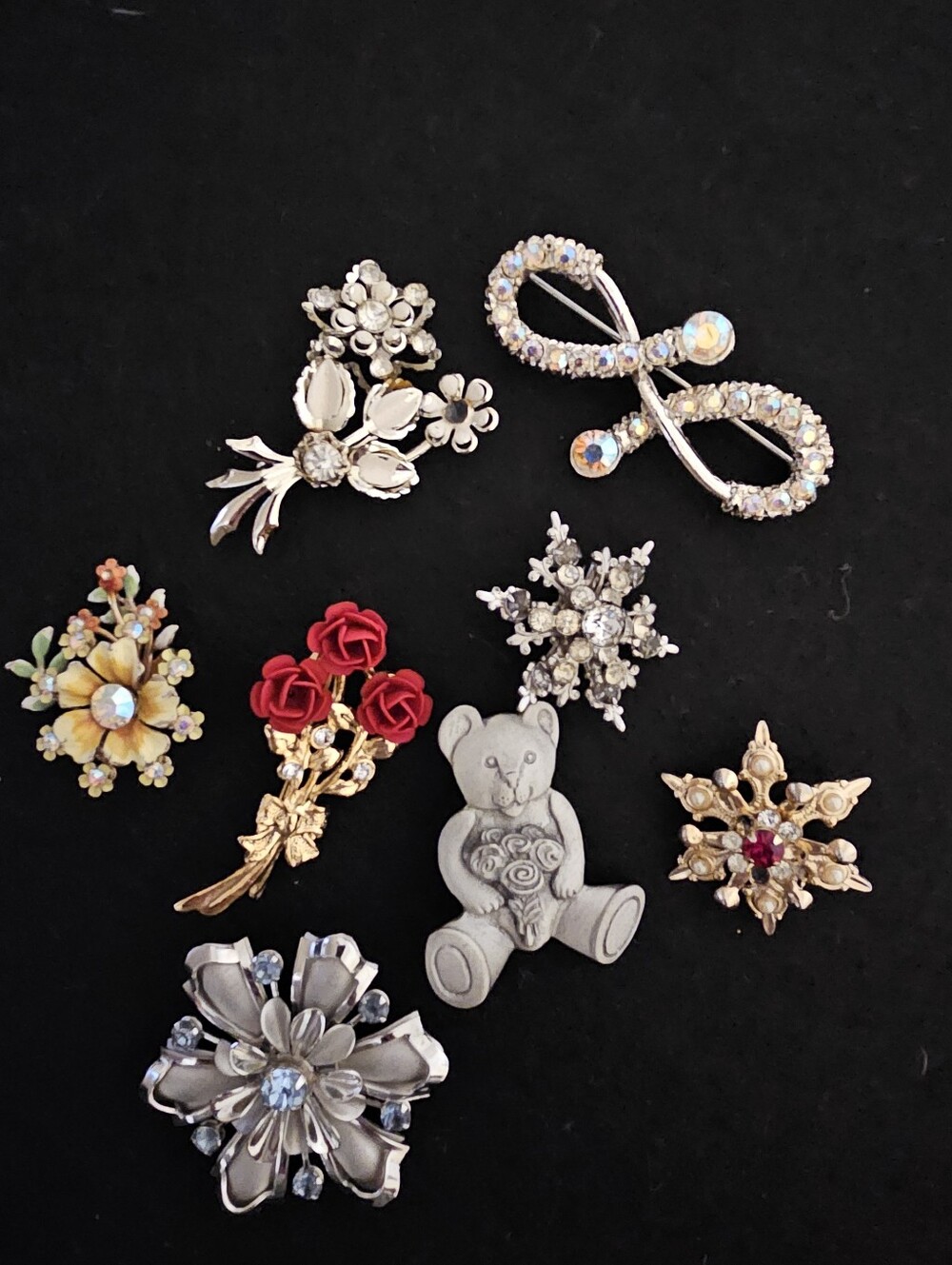 Mixed Floral and Figurine Brooch Set - Red, Gold, Silver, White Accents